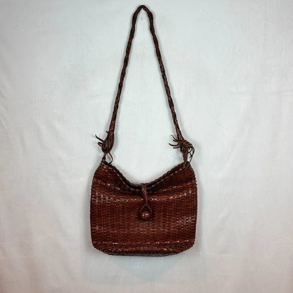 VTG BONANI Basket Weave Leather Crossbody Shoulder Bag‎ Purse Boho Unique